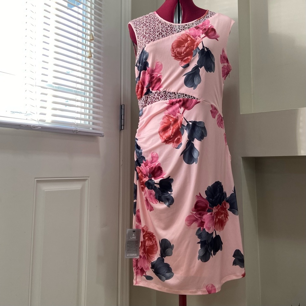 Le Chateau Asymmetrical Mesh Cut Out Detailing Floral Dress - Pink and blue